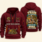 Dump Truck Driver Pride in the Trade Quarter-Zip Hoodie in Wine Red, authentic overlapping front and back views with dump truck driver artwork and source sample name/year lettering.