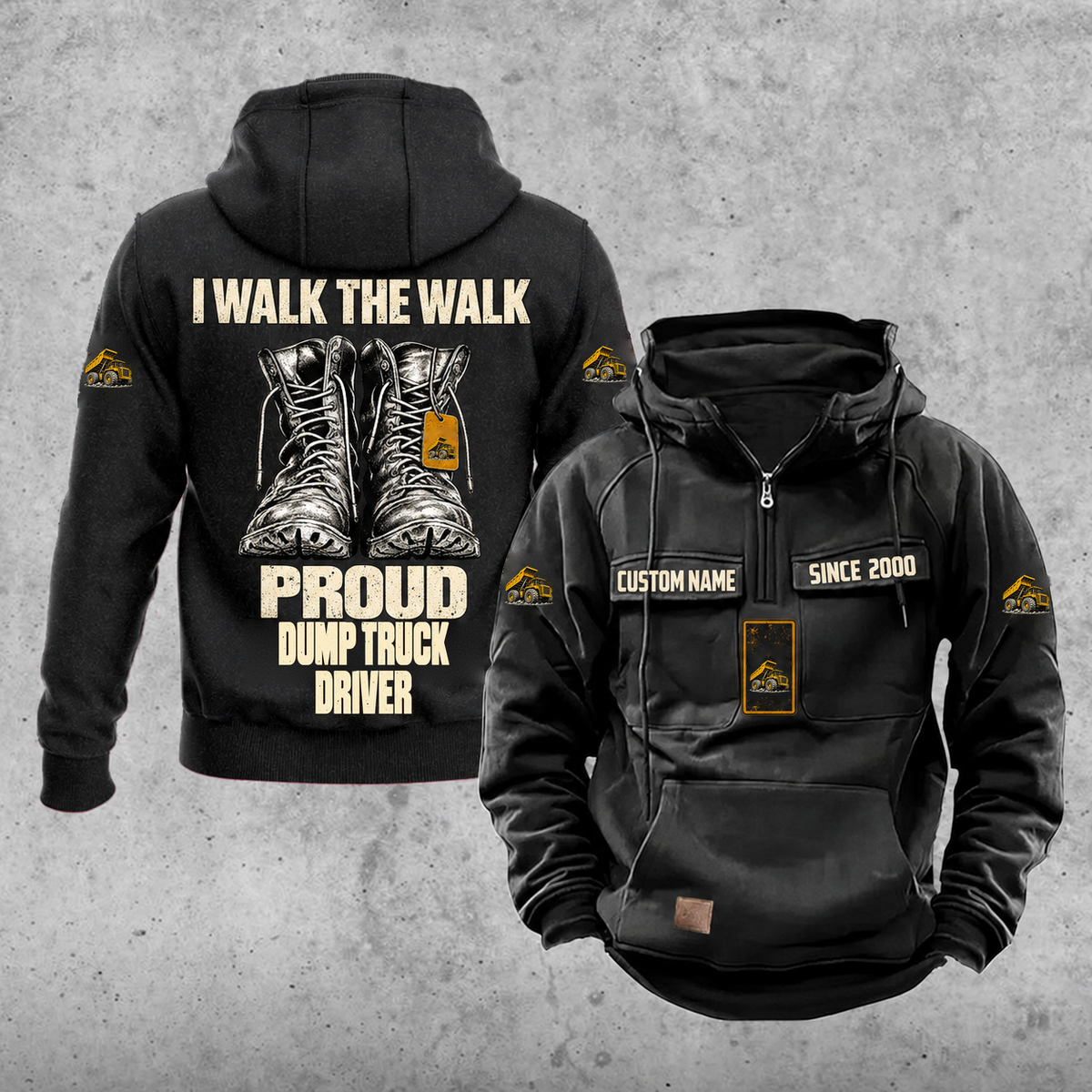 Dump Truck Driver Proud Walk Vintage Hoodie, Black.