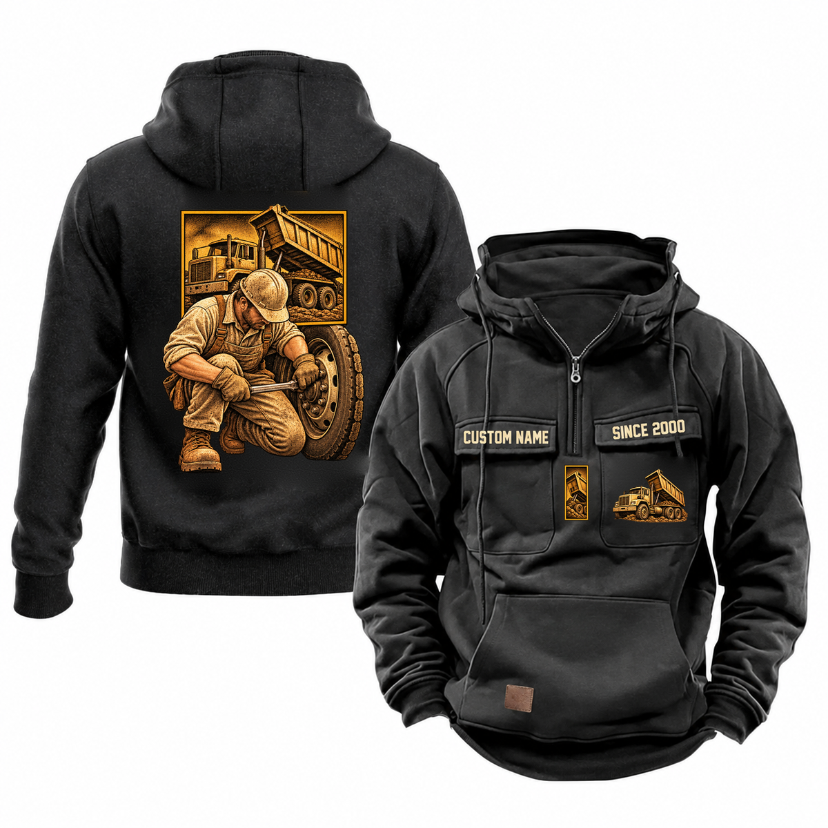 Dump Truck Driver Ready Every Day Portrait Vintage Hoodie in Black, front and back views with a kneeling trade portrait, square scene panel and coordinated chest emblems; illustrative CUSTOM NAME and SINCE 2000 samples.