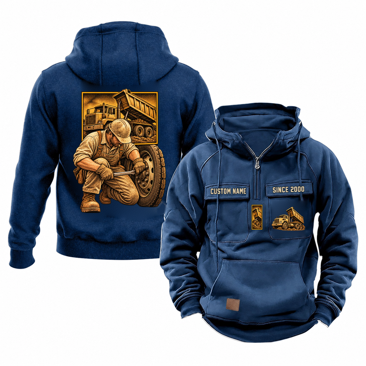 Dump Truck Driver Ready Every Day Portrait Vintage Hoodie in Dark Blue, front and back views with a kneeling trade portrait, square scene panel and coordinated chest emblems; illustrative CUSTOM NAME and SINCE 2000 samples.