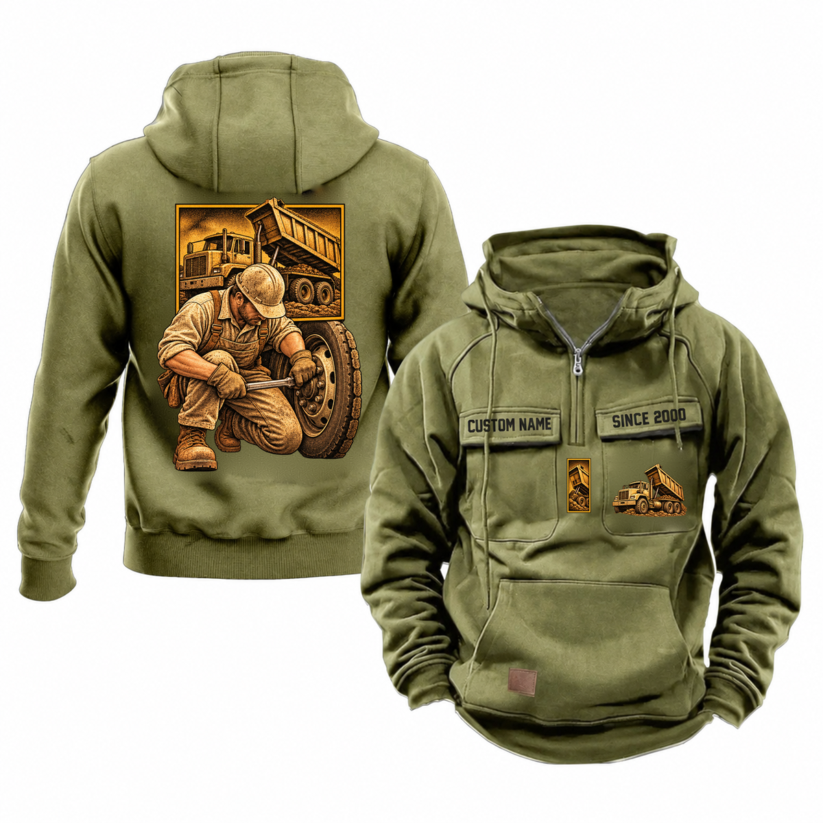 Dump Truck Driver Ready Every Day Portrait Vintage Hoodie in Military Green, front and back views with a kneeling trade portrait, square scene panel and coordinated chest emblems; illustrative CUSTOM NAME and SINCE 2000 samples.