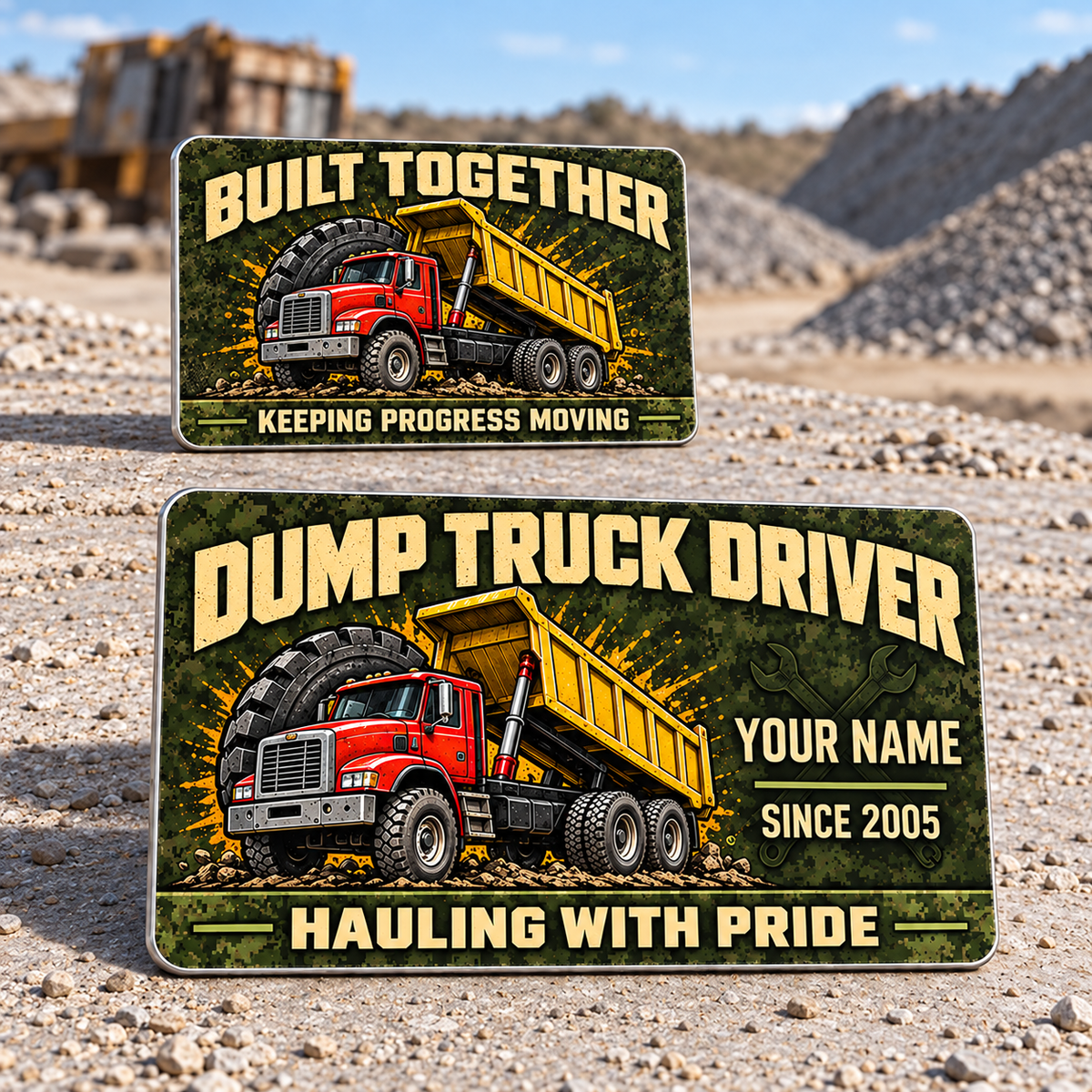 Dump Truck Driver Rugged Field Aluminum Wallet Card, showing the front and reverse with rigid tipping-body dump-truck artwork and fixed illustrative name and year.