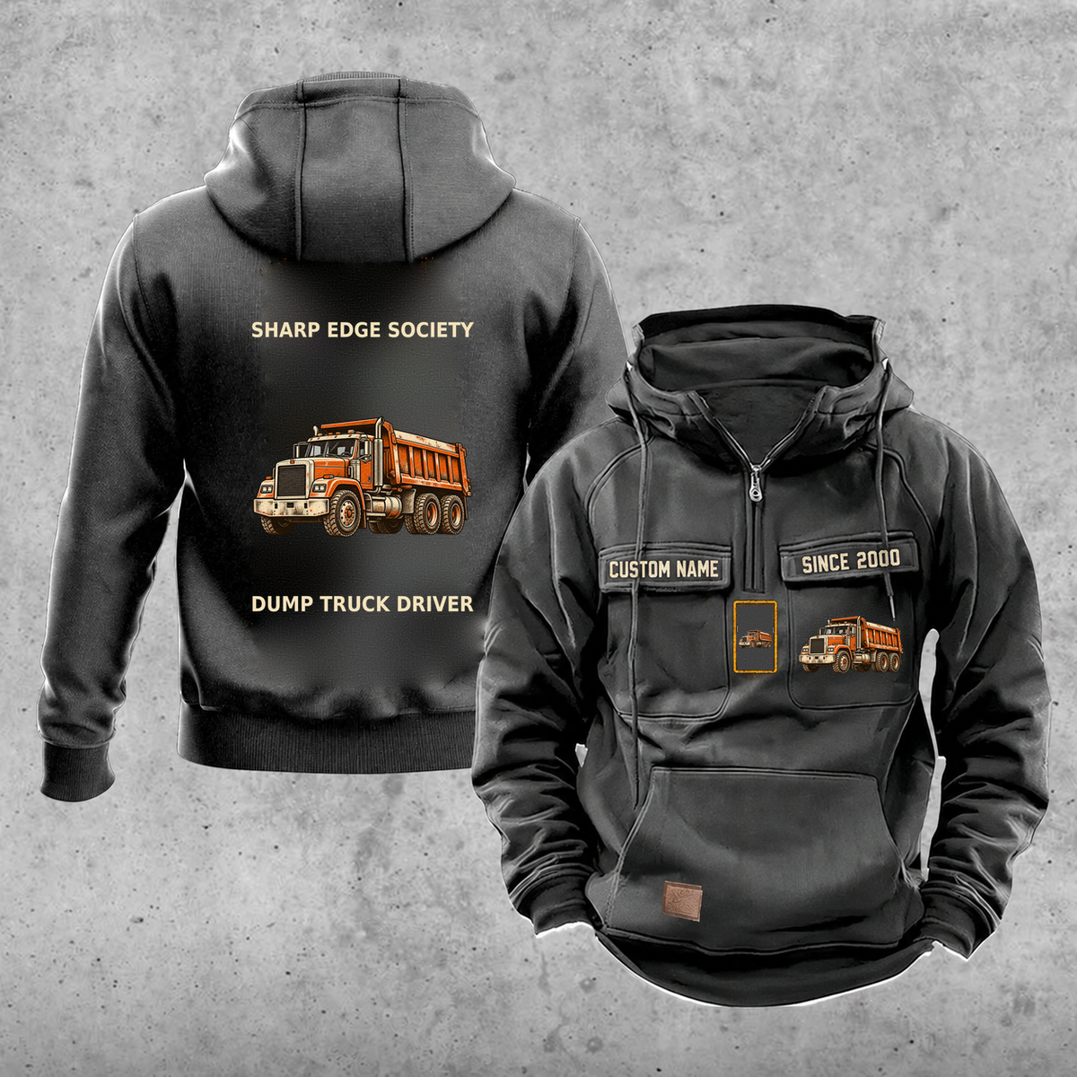 Dump Truck Driver Vintage Hoodie - Sharp Edge Society — Dark Gray; faithful original Vintage Hoodie front and back artwork; CUSTOM NAME and SINCE 2000 on front chest.