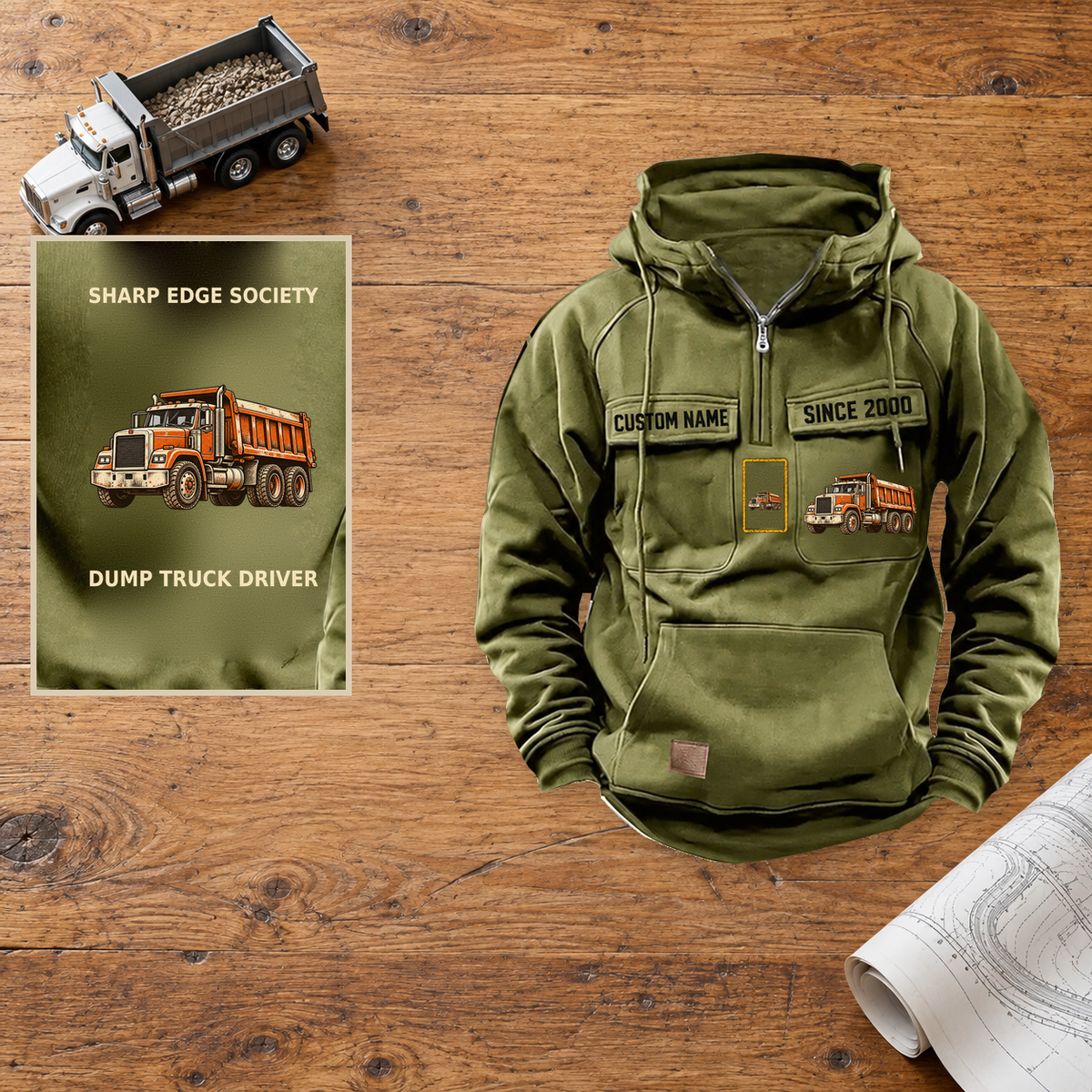 Dump Truck Driver Vintage Hoodie - Sharp Edge Society — Hero; faithful original Vintage Hoodie front and back artwork; CUSTOM NAME and SINCE 2000 on front chest.