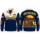 Dump Truck Driver Hauling Shift Sports Sweatshirt in Navy, front and back garment views with inspection bag, wheel chock, parked dump truck and coffee mug, off-duty trade equipment scene, OFF DUTY STILL HAULING lettering and source sample YOUR NAME and SINCE 2000 text.