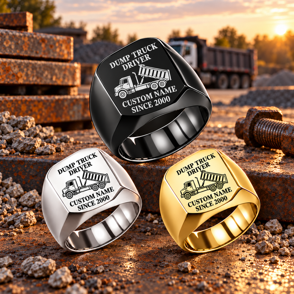 Dump Truck Driver Signature Crest rings in Black, Silver and Gold, in a triangular arrangement on a stationary gravel-yard work surface