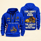 Dump Truck Driver Skills Stay With You Quarter-Zip Hoodie in Blue, full authentic front and back views with matching dump truck driver tools and equipment artwork, original sample name/year and Skills Stay With You slogan.