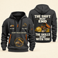 Dump Truck Driver Skills Stay With You Quarter-Zip Hoodie in Gray, full authentic front and back views with matching dump truck driver tools and equipment artwork, original sample name/year and Skills Stay With You slogan.