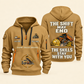 Dump Truck Driver Skills Stay With You Quarter-Zip Hoodie in Khaki, full authentic front and back views with matching dump truck driver tools and equipment artwork, original sample name/year and Skills Stay With You slogan.