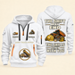 Dump Truck Driver Skills Stay With You Quarter-Zip Hoodie in White, full authentic front and back views with matching dump truck driver tools and equipment artwork, original sample name/year and Skills Stay With You slogan.