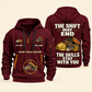 Dump Truck Driver Skills Stay With You Quarter-Zip Hoodie in Wine Red, full authentic front and back views with matching dump truck driver tools and equipment artwork, original sample name/year and Skills Stay With You slogan.