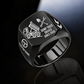Black-finish Dump Truck Driver Split Emblem signet ring with raised-bed dump truck, shovel and wrench artwork, and illustrated CUSTOM NAME and SINCE 2000 text