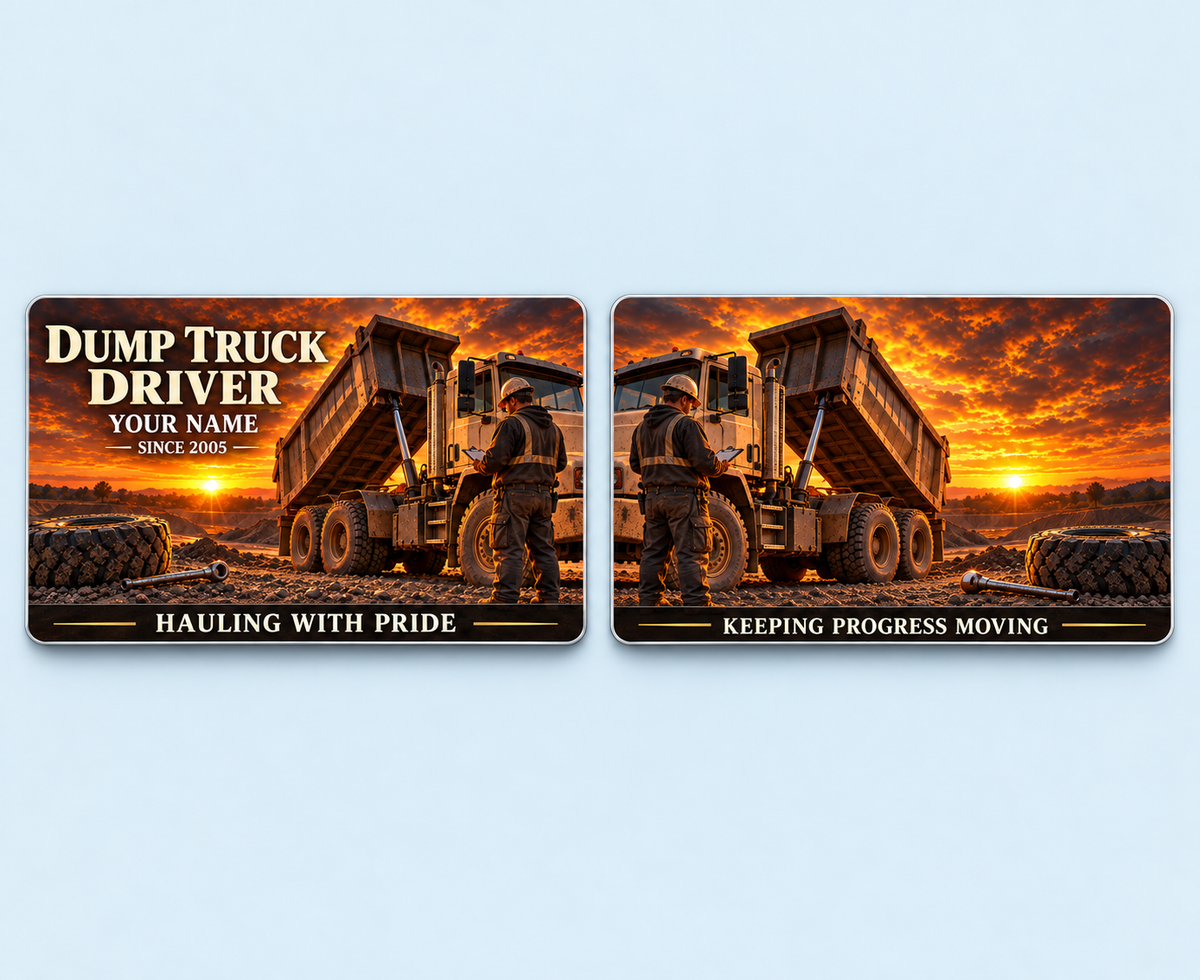Dump Truck Driver Sunset Workday Aluminum Wallet Card, showing the front and reverse with rigid tipping-body dump-truck artwork and fixed illustrative name and year.