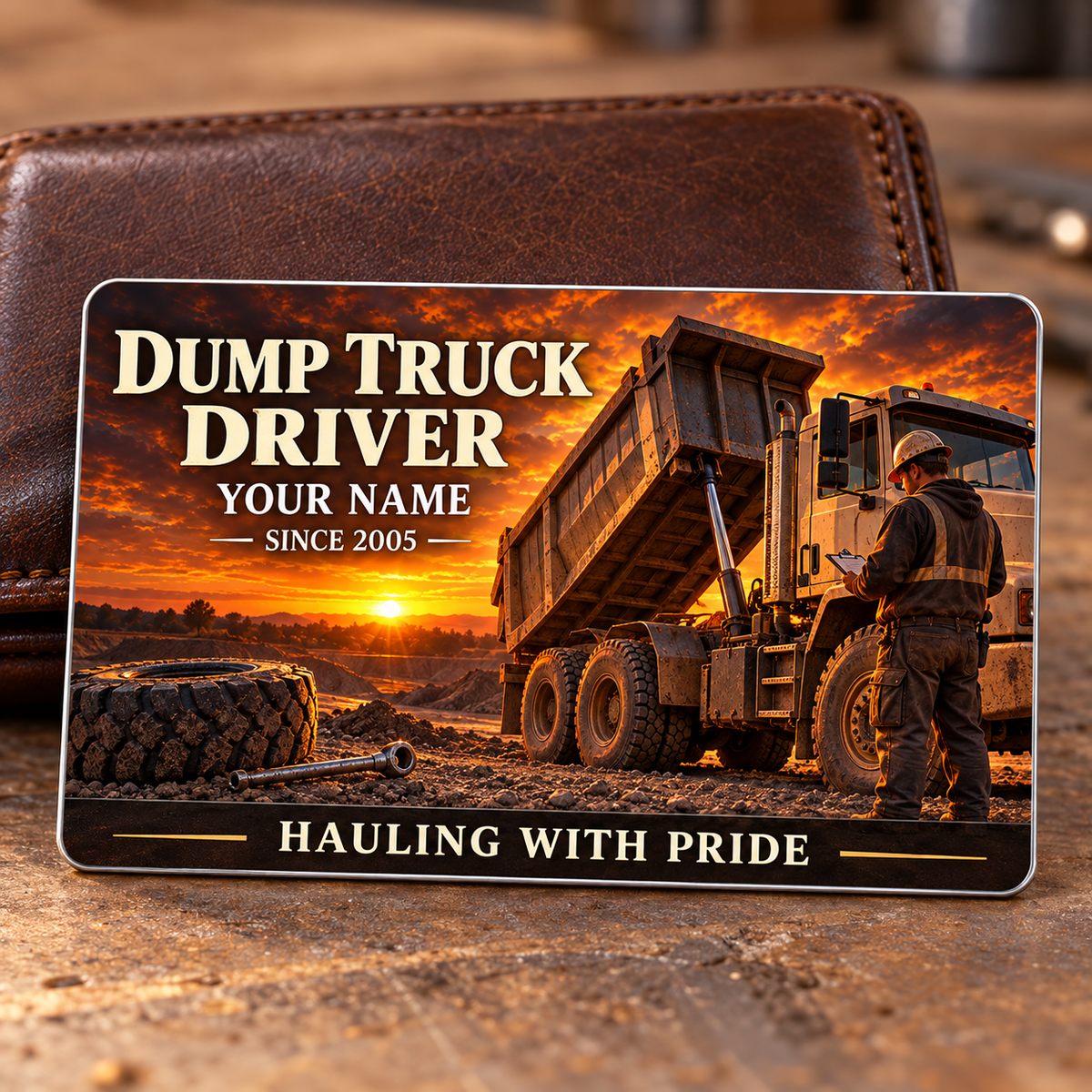 Dump Truck Driver Sunset Workday Aluminum Wallet Card, showing the front with rigid tipping-body dump-truck artwork and fixed illustrative name and year.