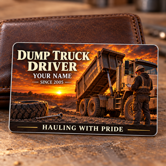 Dump Truck Driver Sunset Workday Aluminum Wallet Card, showing the front with rigid tipping-body dump-truck artwork and fixed illustrative name and year.