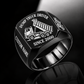 Black-finish Dump Truck Driver Trade Emblem signet ring with cab, wheels, high-sided tipping cargo bed and matching shoulder truck and illustrated CUSTOM NAME and SINCE 2000 text
