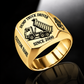 Gold-finish Dump Truck Driver Trade Emblem signet ring with cab, wheels, high-sided tipping cargo bed and matching shoulder truck and illustrated CUSTOM NAME and SINCE 2000 text