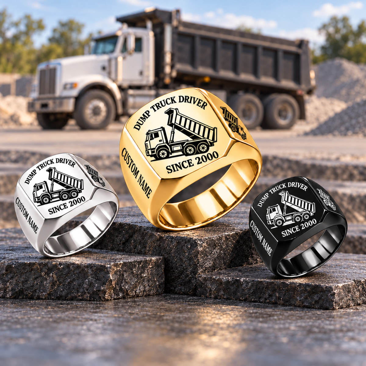 Gold-led Dump Truck Driver Trade Emblem signet ring with smaller Silver and Black rings on stone tabletop blocks beside a parked dump truck