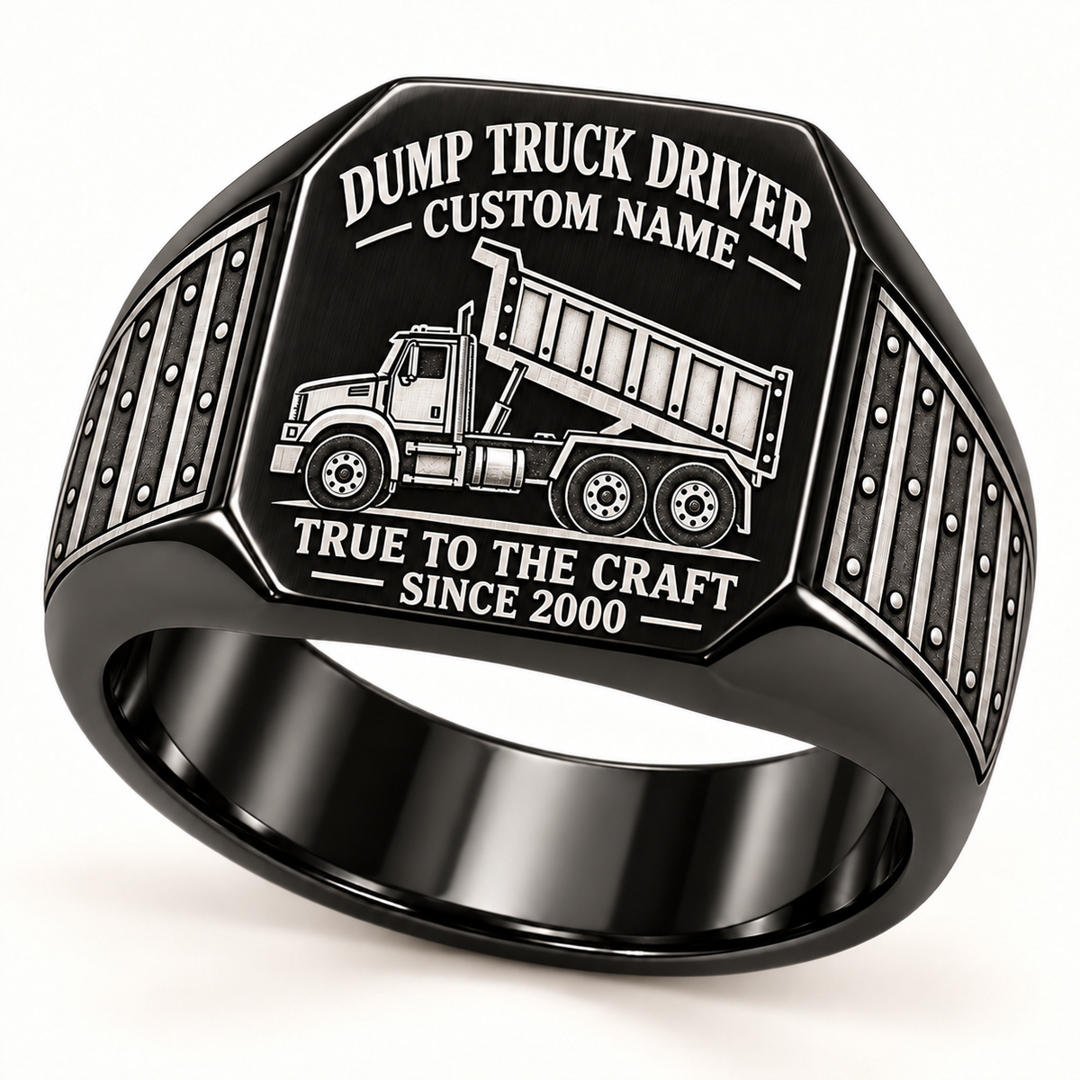 Black Dump Truck Driver True to the Craft ring with cab, three road wheels, raised high-sided tipping bed and ribbed riveted shoulders