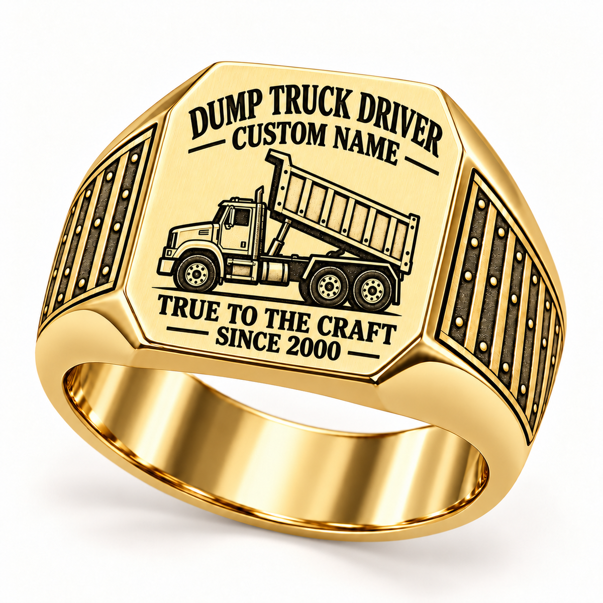 Gold Dump Truck Driver True to the Craft ring with cab, three road wheels, raised high-sided tipping bed and ribbed riveted shoulders