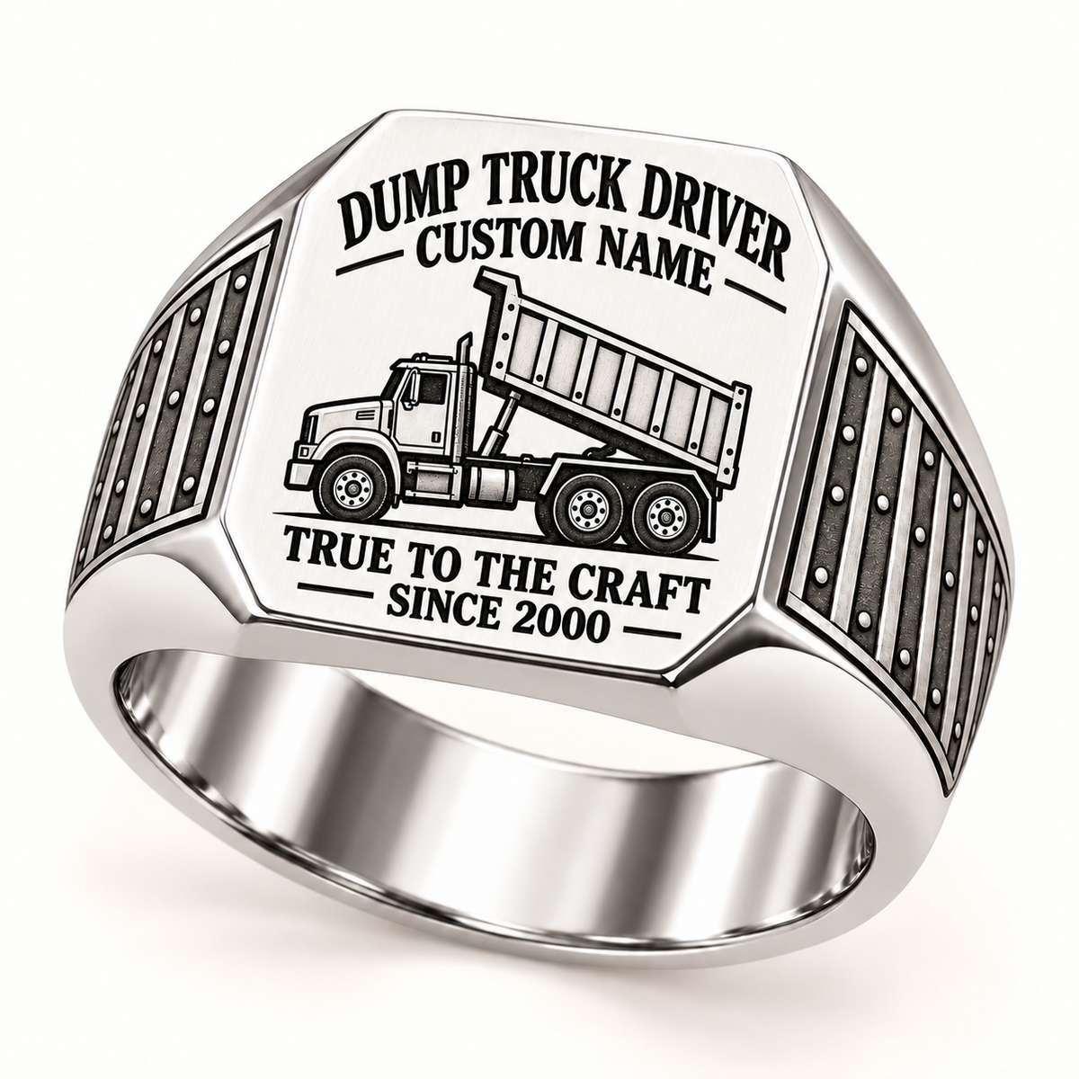 Silver Dump Truck Driver True to the Craft ring with cab, three road wheels, raised high-sided tipping bed and ribbed riveted shoulders