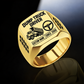 Gold-finish Dump Truck Driver Twin Icons signet ring with raised-bed dump truck and steering wheel icons, tire-tread shoulders, and illustrated CUSTOM NAME and SINCE 2000 text