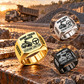 Dump Truck Driver Twin Icons rings with a dominant Gold ring at left and smaller Silver and Black circular insets at right in a stationary quarry scene