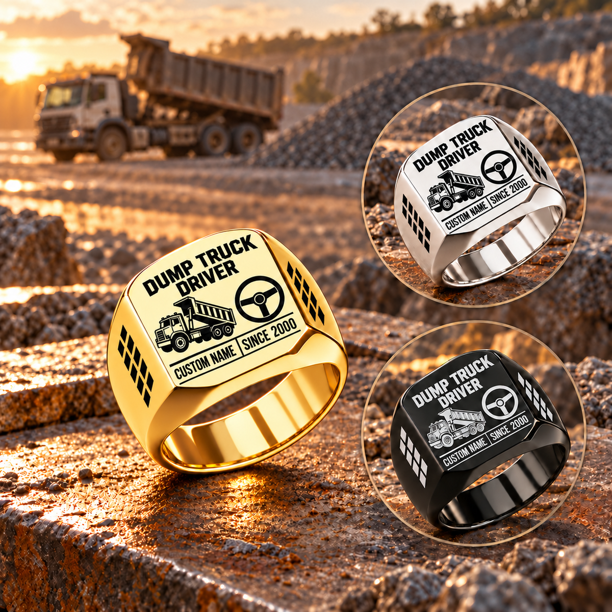 Dump Truck Driver Twin Icons rings with a dominant Gold ring at left and smaller Silver and Black circular insets at right in a stationary quarry scene