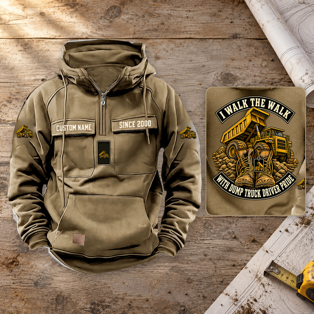 Dump Truck Driver Walk the Walk Badge Vintage Hoodie in Kaki on a warm planning workbench, dominant front with complete back-art detail inset.