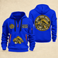 Dump Truck Driver Hauling With Pride Quarter-Zip Hoodie in Blue, full authentic front and back views with matching dump truck driver tools and equipment artwork, original sample name/year and trade-pride badge lettering.