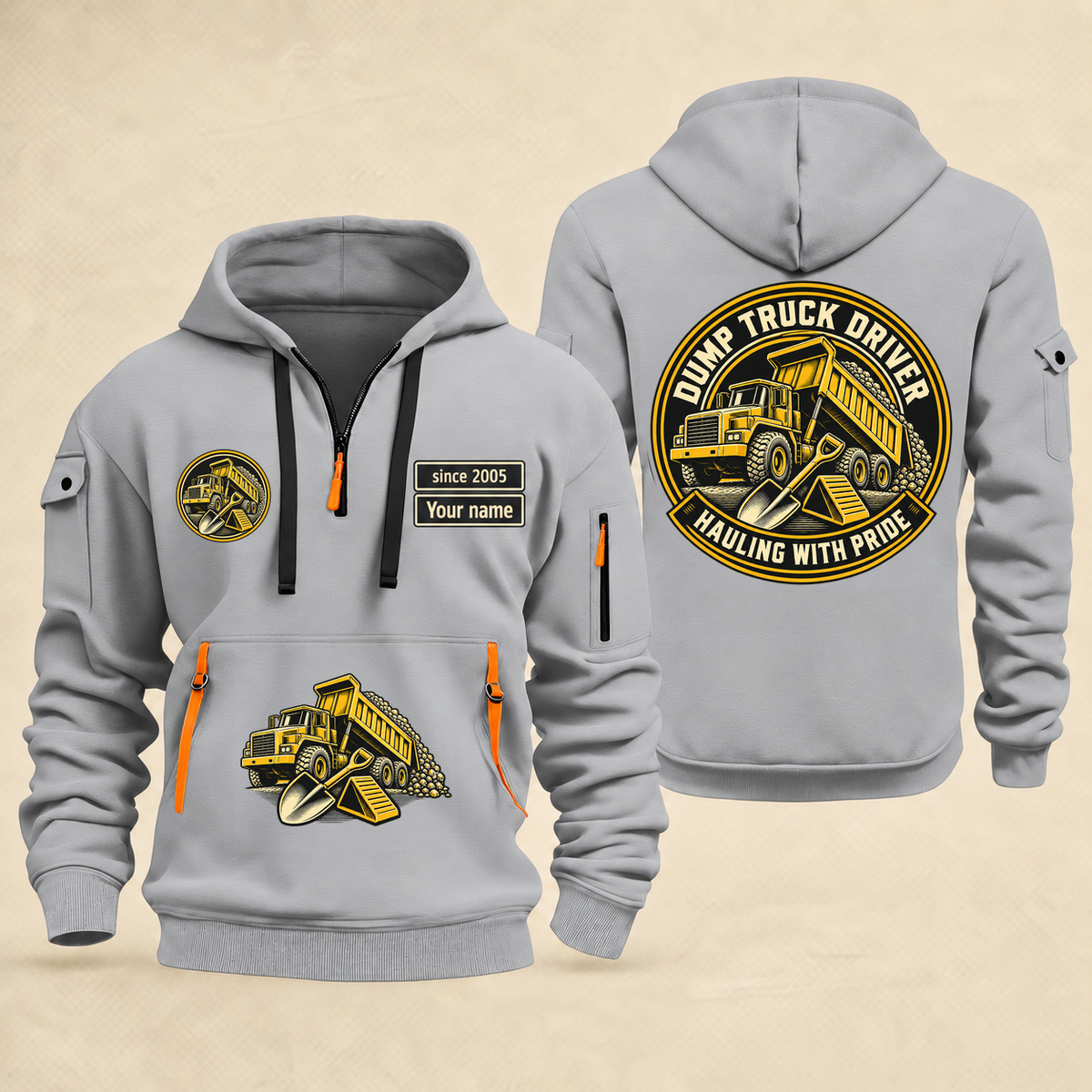 Dump Truck Driver Hauling With Pride Quarter-Zip Hoodie in Light Grey, full authentic front and back views with matching dump truck driver tools and equipment artwork, original sample name/year and trade-pride badge lettering.