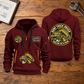 Dump Truck Driver Hauling With Pride Quarter-Zip Hoodie in Wine Red, full authentic front and back views with matching dump truck driver tools and equipment artwork, original sample name/year and trade-pride badge lettering. On a dump truck driver workbench.