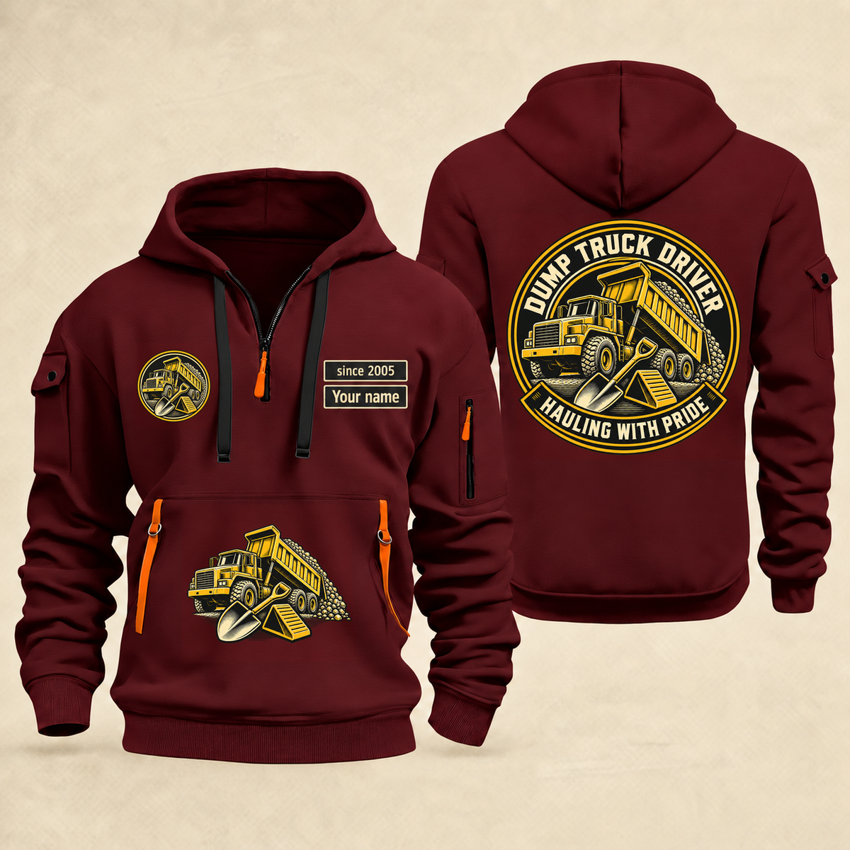 Dump Truck Driver Hauling With Pride Quarter-Zip Hoodie in Wine Red, full authentic front and back views with matching dump truck driver tools and equipment artwork, original sample name/year and trade-pride badge lettering.