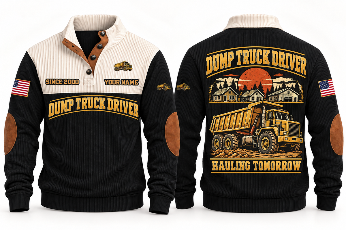 Dump Truck Driver Hauling Tomorrow Sports Sweatshirt in Black, front and back views with occupation artwork and original sample YOUR NAME and SINCE 2000 text