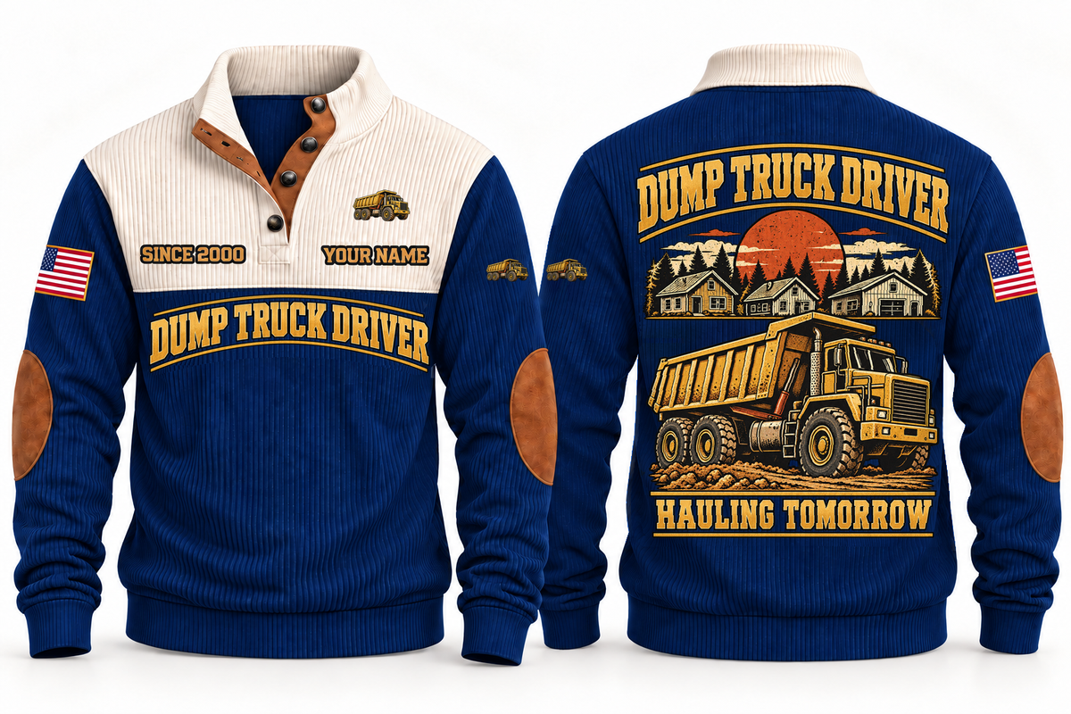 Dump Truck Driver Hauling Tomorrow Sports Sweatshirt in Navy, front and back views with occupation artwork and original sample YOUR NAME and SINCE 2000 text