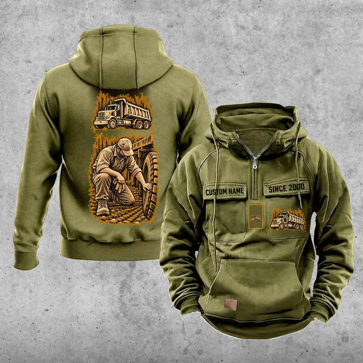 Dump Truck Driver Workday Portrait Vintage Hoodie in Military Green, overlapping rear and front views, with a distressed trade portrait and coordinated front emblems. Illustrative sample text CUSTOM NAME and SINCE 2000.