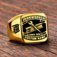 Gold-finish Ironworker Black Face Badge ring with bolted structural I-beam and pointed spud wrench artwork, shoulder bolted I-beam emblem and illustrated CUSTOM NAME and SINCE 2000 text