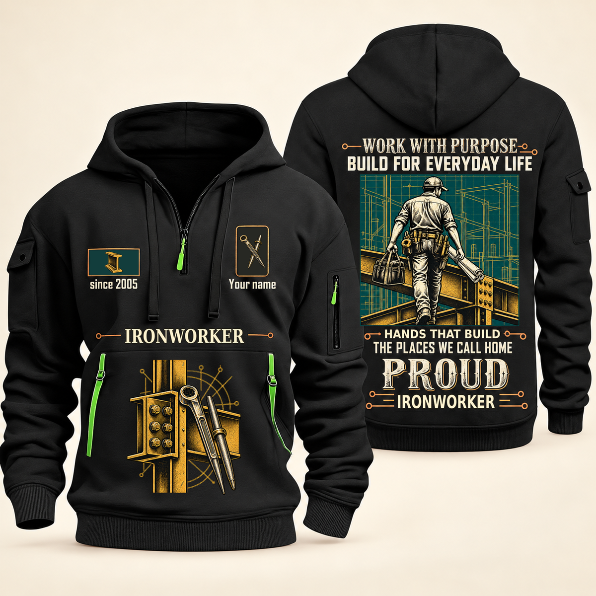Ironworker Built For The Everyday Quarter-Zip Hoodie in Black, full authentic front and back views with matching ironworker tools and equipment artwork, original sample name/year and Built For The Everyday planning theme.