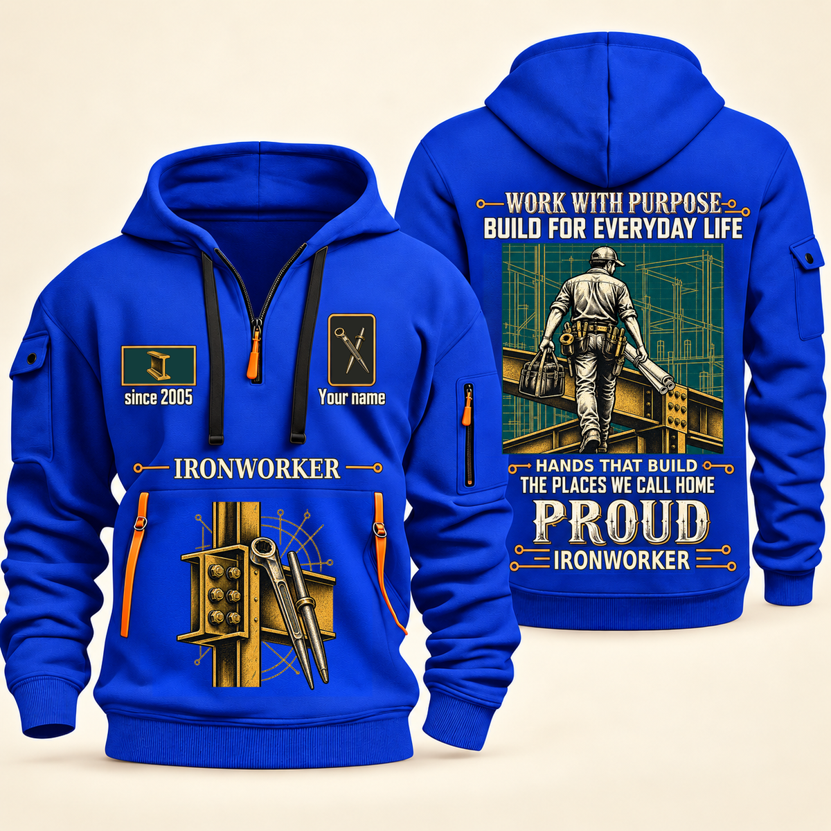 Ironworker Built For The Everyday Quarter-Zip Hoodie in Blue, full authentic front and back views with matching ironworker tools and equipment artwork, original sample name/year and Built For The Everyday planning theme.