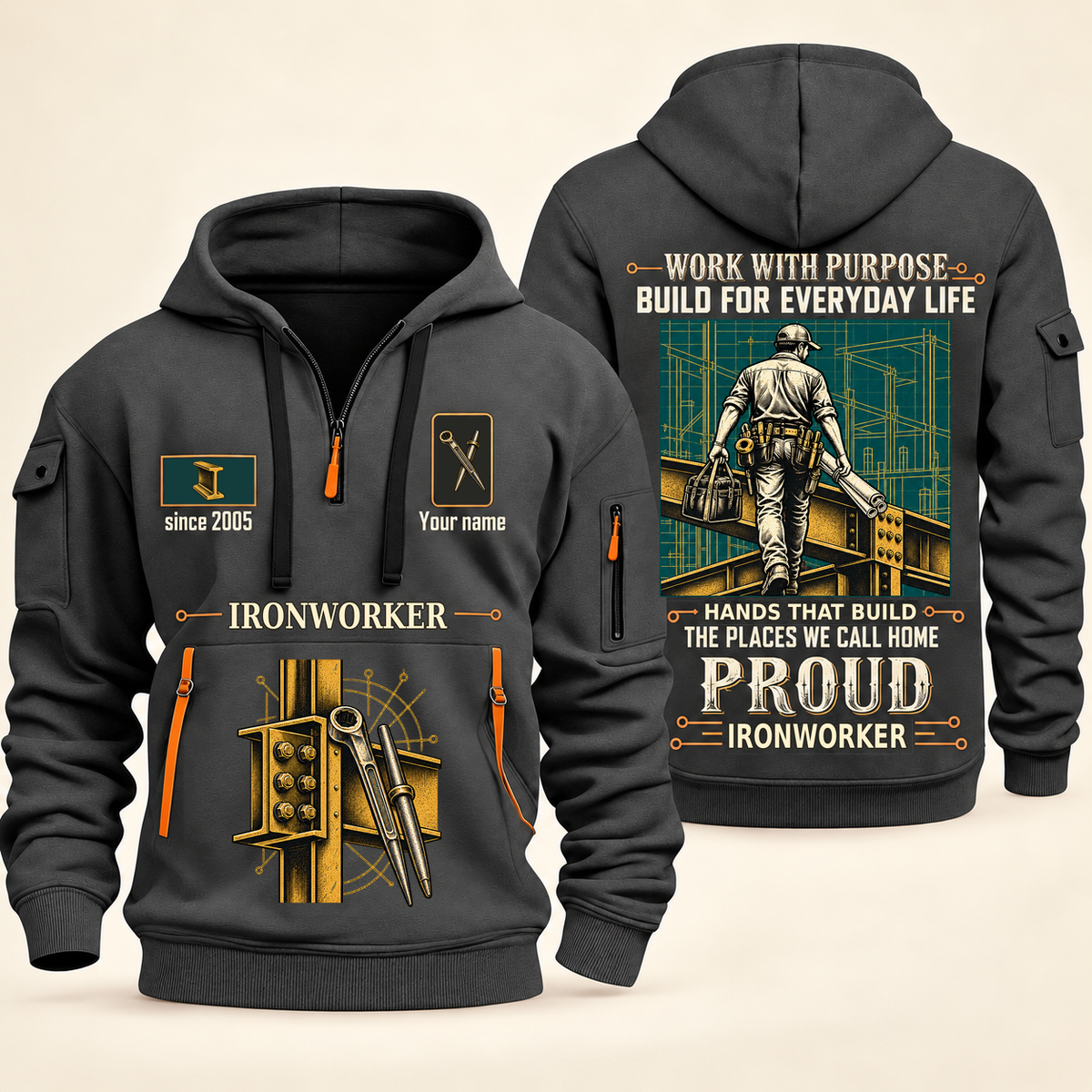 Ironworker Built For The Everyday Quarter-Zip Hoodie in Gray, full authentic front and back views with matching ironworker tools and equipment artwork, original sample name/year and Built For The Everyday planning theme.