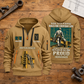 Ironworker Built For The Everyday Quarter-Zip Hoodie in Khaki, full authentic front and back views with matching ironworker tools and equipment artwork, original sample name/year and Built For The Everyday planning theme. On a ironworker workbench.