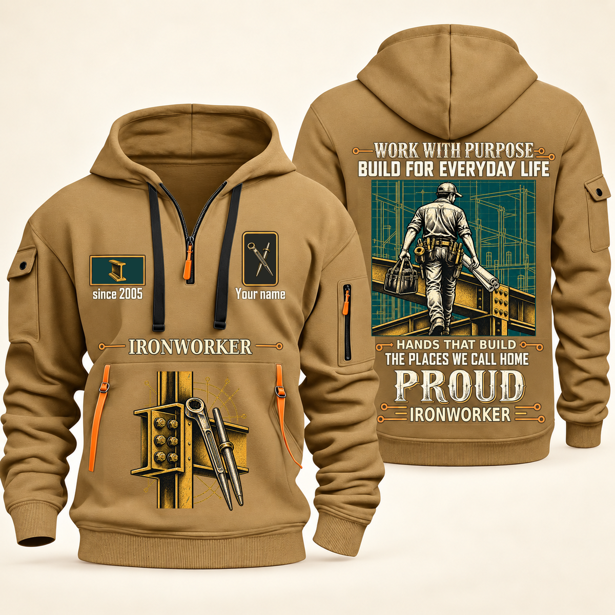 Ironworker Built For The Everyday Quarter-Zip Hoodie in Khaki, full authentic front and back views with matching ironworker tools and equipment artwork, original sample name/year and Built For The Everyday planning theme.