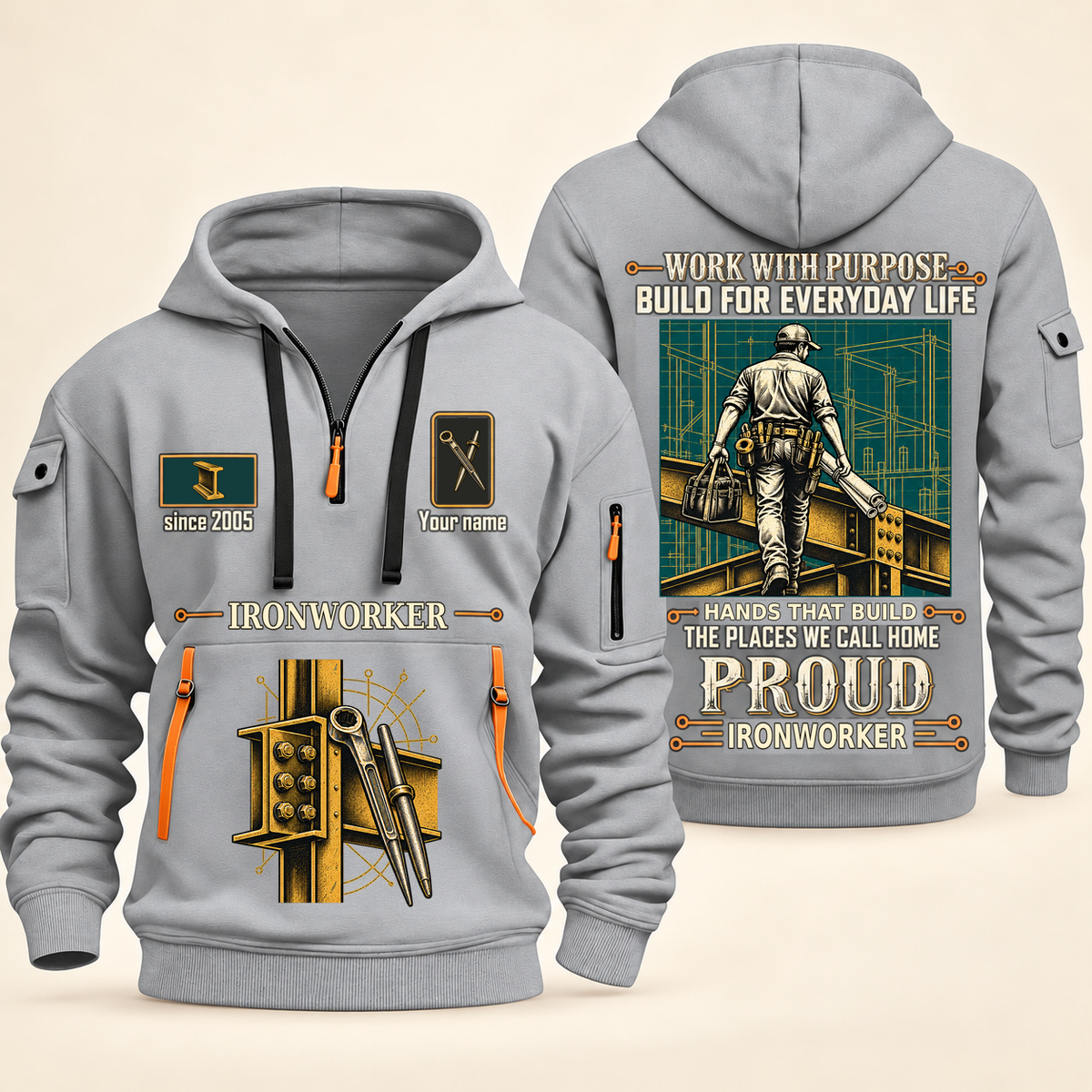 Ironworker Built For The Everyday Quarter-Zip Hoodie in Light Grey, full authentic front and back views with matching ironworker tools and equipment artwork, original sample name/year and Built For The Everyday planning theme.