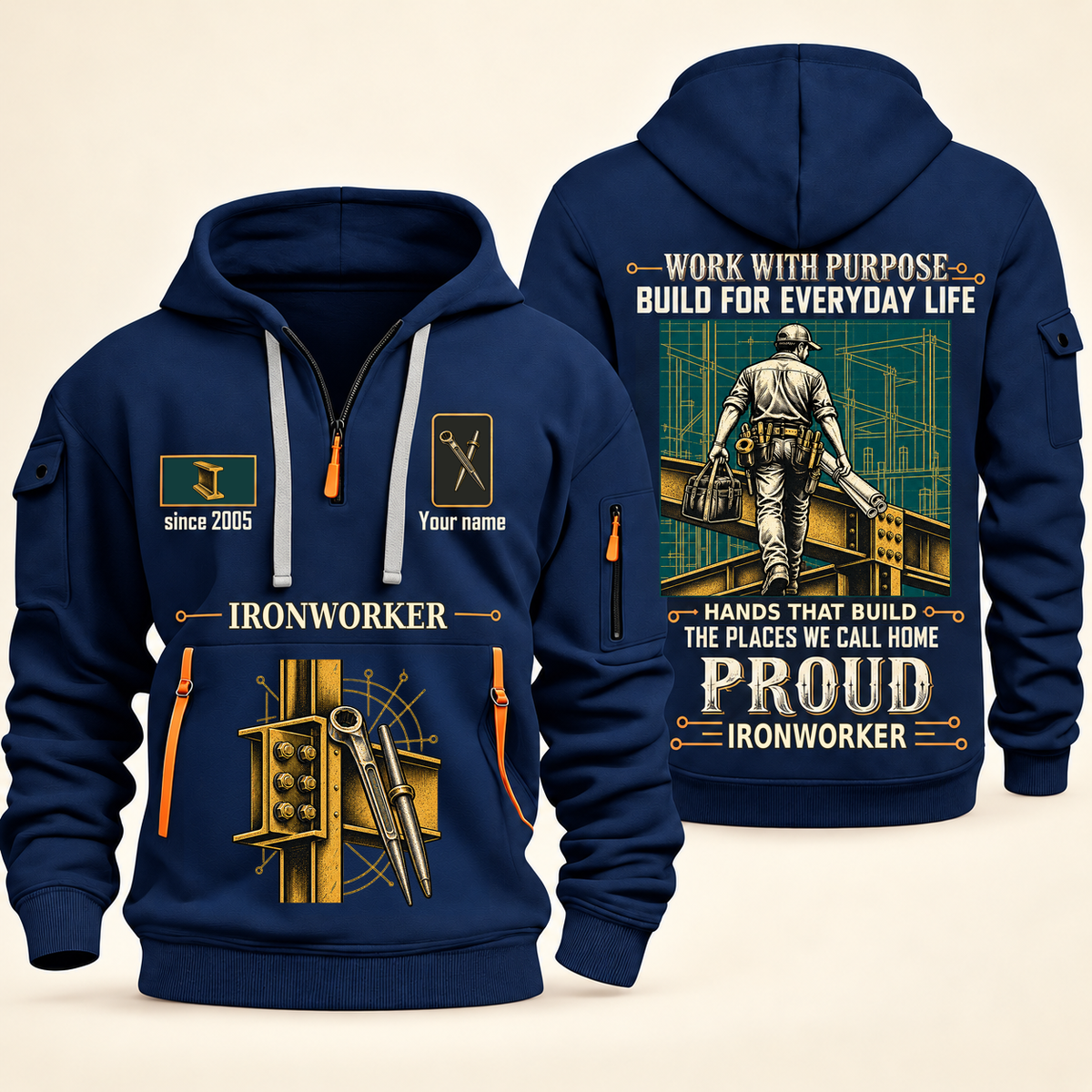 Ironworker Built For The Everyday Quarter-Zip Hoodie in Navy, full authentic front and back views with matching ironworker tools and equipment artwork, original sample name/year and Built For The Everyday planning theme.