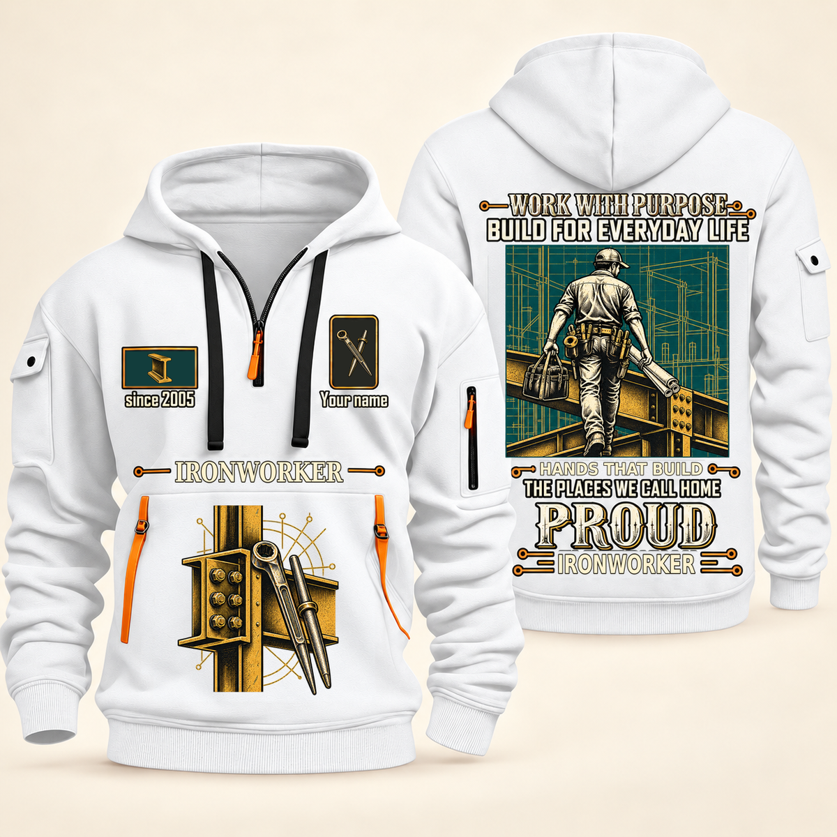 Ironworker Built For The Everyday Quarter-Zip Hoodie in White, full authentic front and back views with matching ironworker tools and equipment artwork, original sample name/year and Built For The Everyday planning theme.