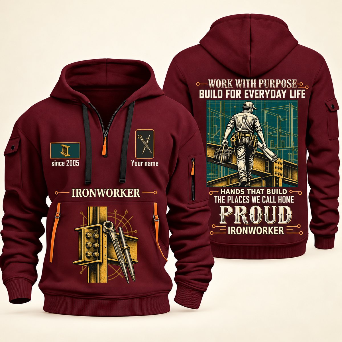 Ironworker Built For The Everyday Quarter-Zip Hoodie in Wine Red, full authentic front and back views with matching ironworker tools and equipment artwork, original sample name/year and Built For The Everyday planning theme.