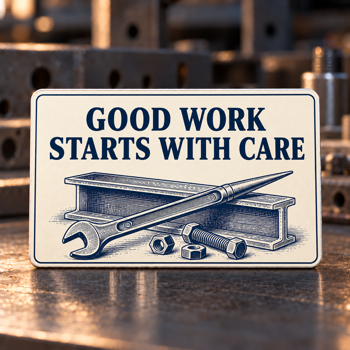 Ivory reverse of the Ironworker aluminum wallet card reading Good Work Starts with Care, with an indigo I-beam, spud wrench, bolts and nuts.