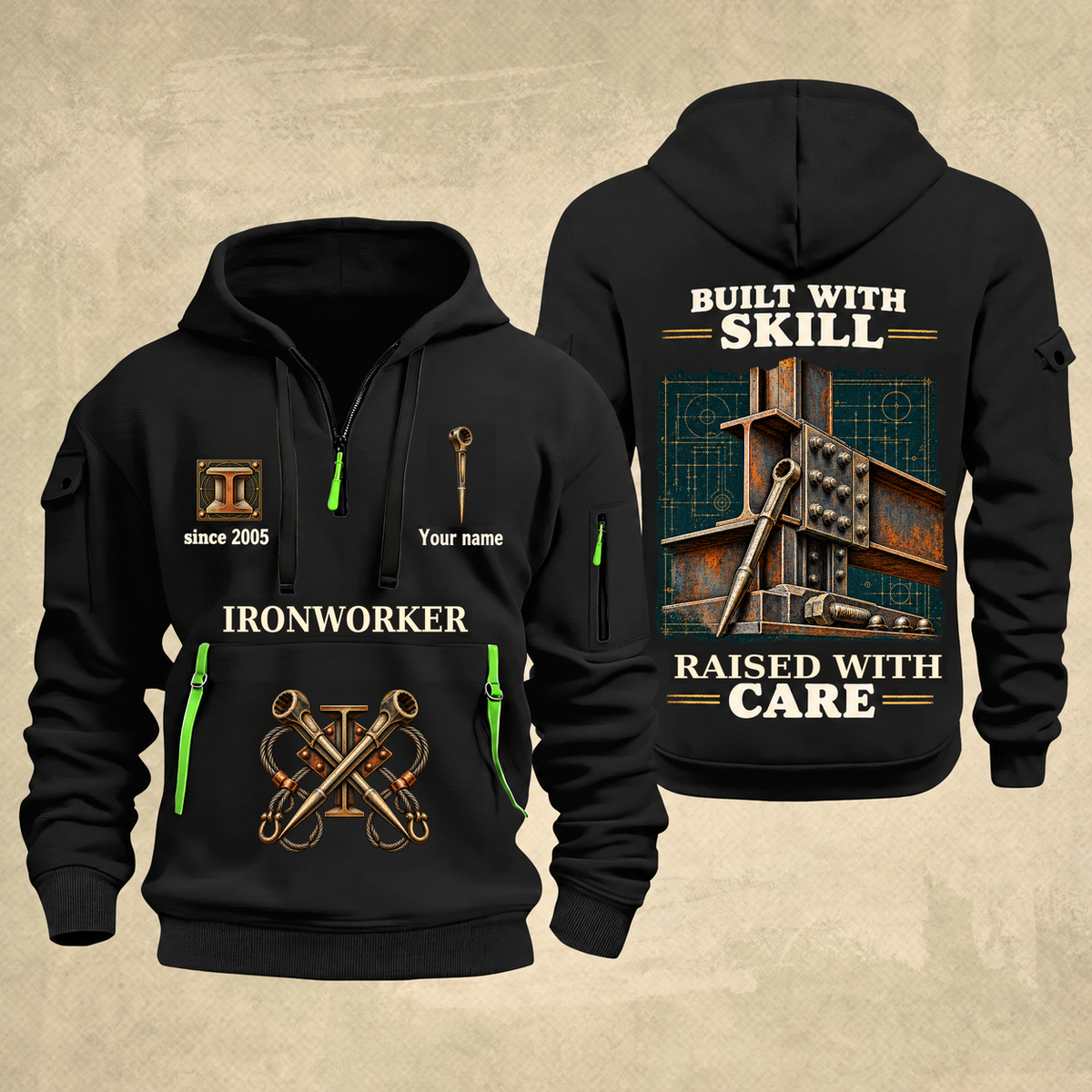 Ironworker Built With Skill Quarter-Zip Hoodie in Black, full authentic front and back views with matching ironworker tools and equipment artwork, original sample name/year and Built With Skill slogan.