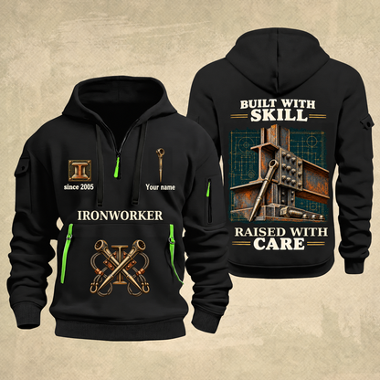 Ironworker Built With Skill Quarter-Zip Hoodie in Black, full authentic front and back views with matching ironworker tools and equipment artwork, original sample name/year and Built With Skill slogan.