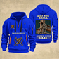 Ironworker Built With Skill Quarter-Zip Hoodie in Blue, full authentic front and back views with matching ironworker tools and equipment artwork, original sample name/year and Built With Skill slogan.